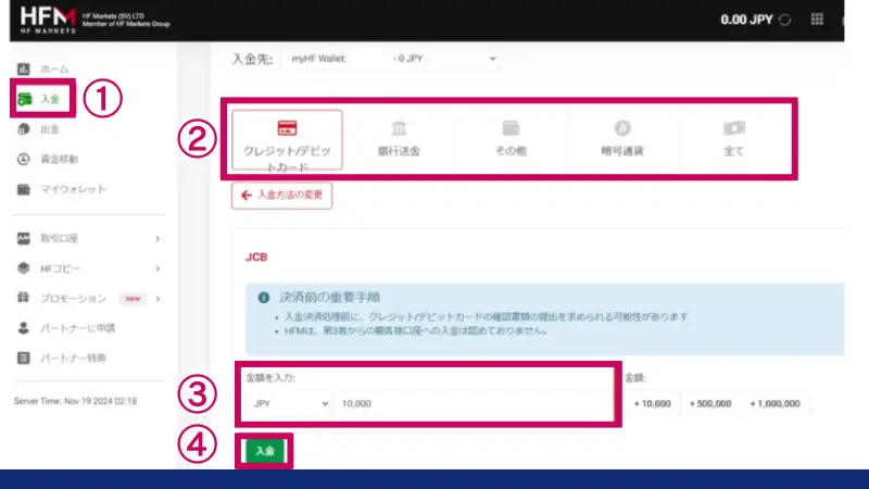 HFMで入金手続きをしている画像