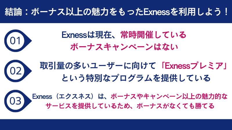 Exnessはボーナスは豊富ではないが、それ以上に魅力的なサービスを提供しているため、ボーナスがなくても勝てる。
