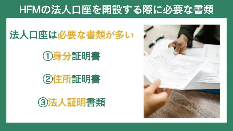 HFMの法人口座に必要な書類は①身分証明書②住所証明書③法人証明書類の3種類