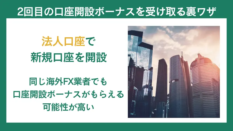 法人口座を開設することで、正規に口座開設ボーナスを2回受け取れる