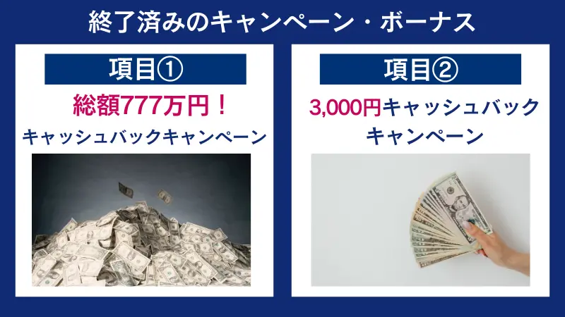 終了済みのXS.comのボーナスキャンペーンであるキャッシュバックキャンペーンを2つまとめた画像