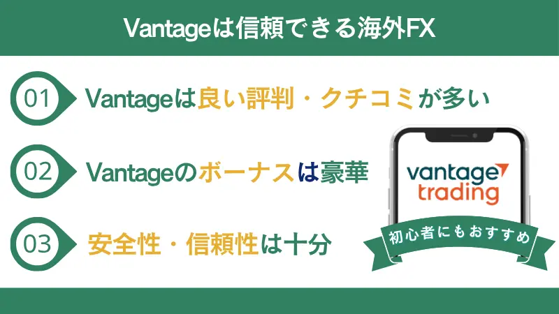 Vantageの評判は良いものが多く、ボーナスは豪華で安全性・信頼性も高いといえる