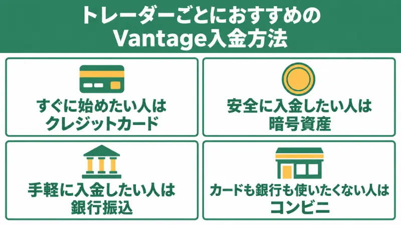 Vantageのおすすめの入金方法についてまとめた画像