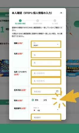 bitcastleFXで氏名、生年月日、性別、電話番号を入力